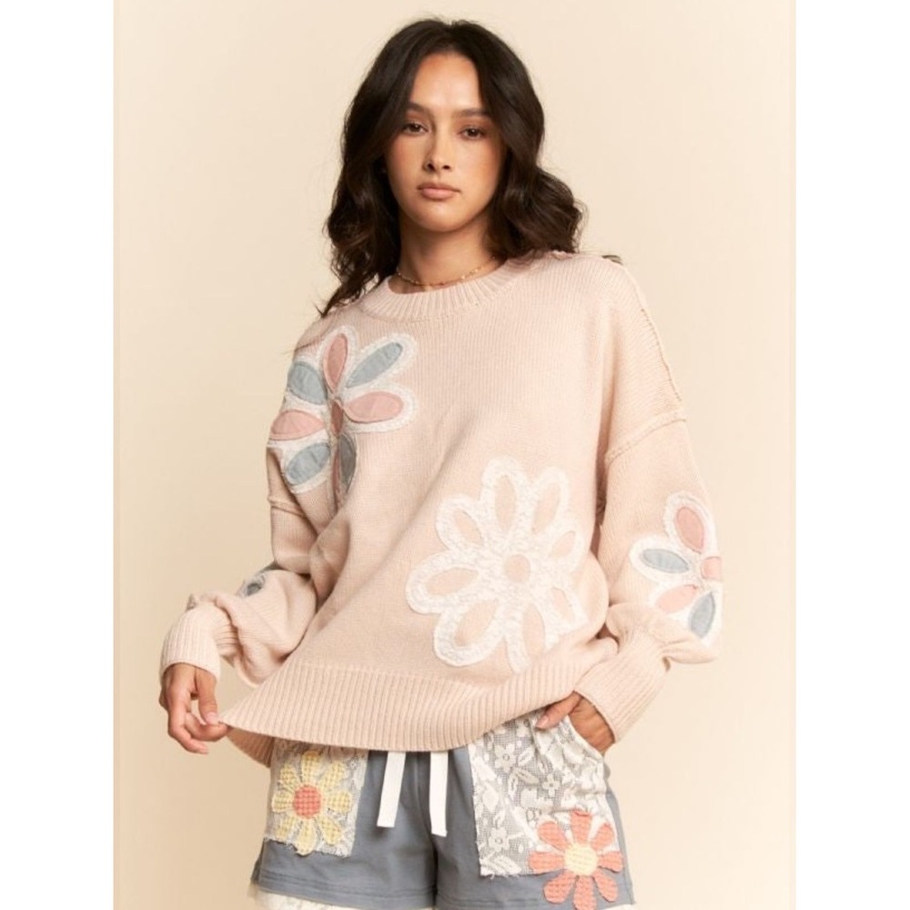 Davi & Dani Pink Floral Patchwork Applique Slouchy Oversized Knit Sweater S Boho